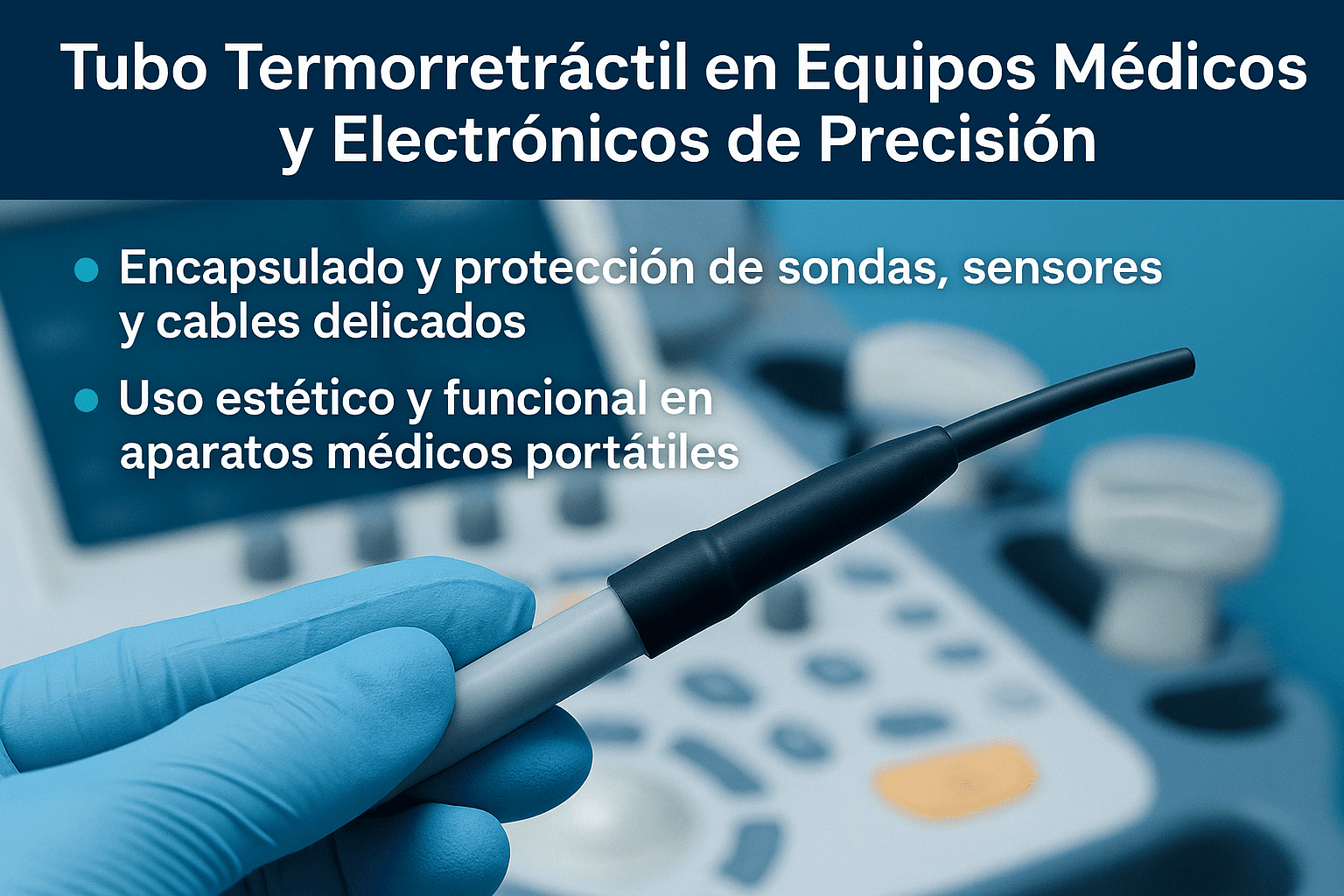 Tubo termorretráctil en equipos médicos protegiendo cables y sondas en aparatos de precisión con acabado limpio y seguro