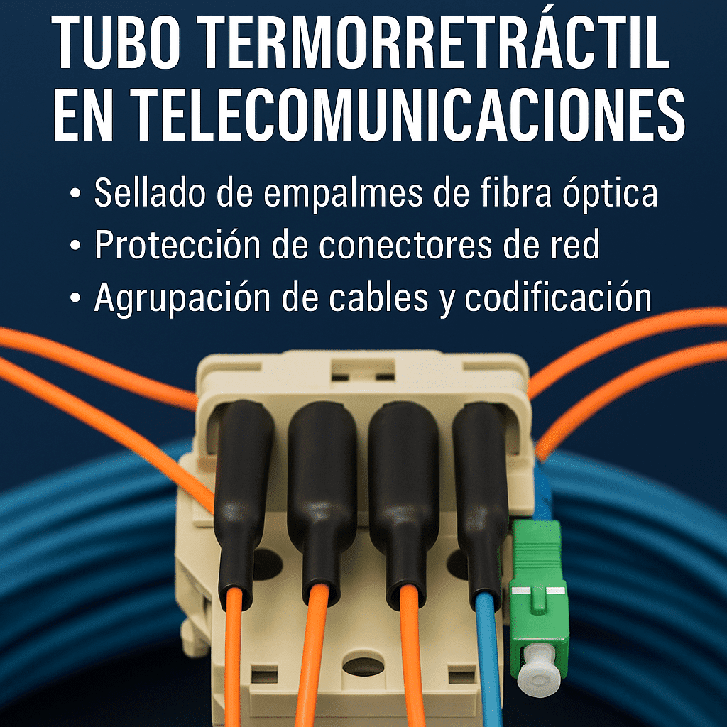 Tubo termorretráctil en telecomunicaciones sellando empalmes de fibra óptica y protegiendo conectores de red en instalaciones técnicas
