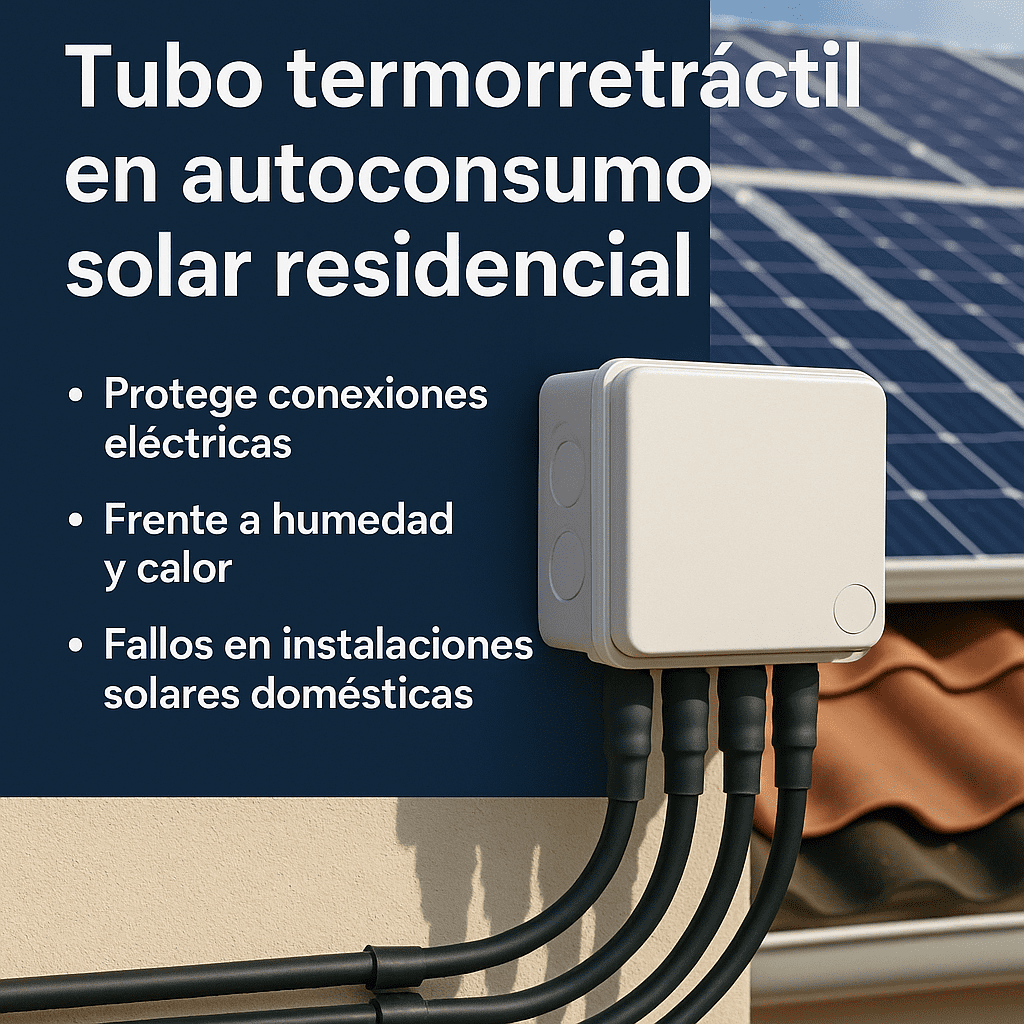 Tubo termorretráctil protegiendo conexiones eléctricas en una instalación de autoconsumo solar residencial sobre tejado, con paneles solares visibles.