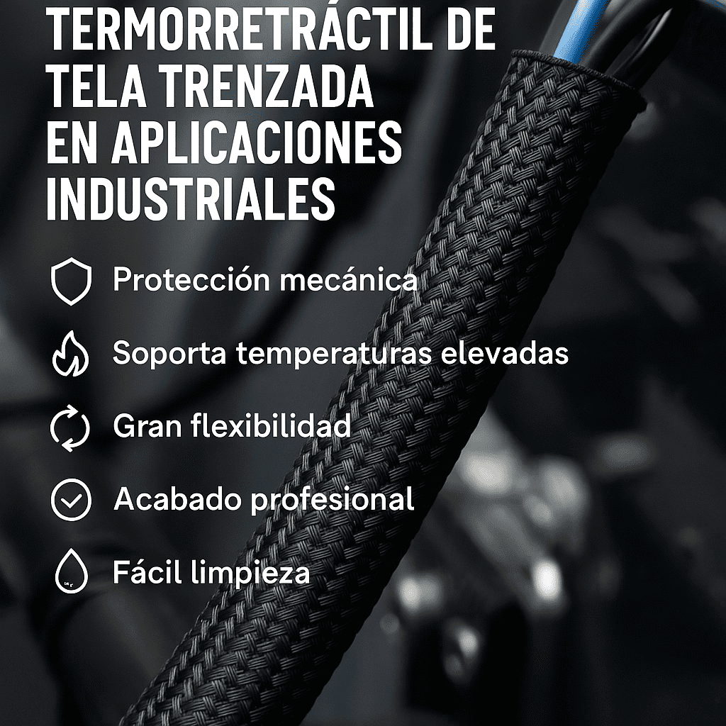 Tubo termorretráctil de tela trenzada protegiendo cables industriales en entorno técnico
