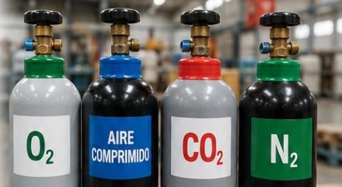Botellas de gases industriales de oxígeno, aire comprimido, CO₂ y nitrógeno con válvulas para precintos termorretráctiles